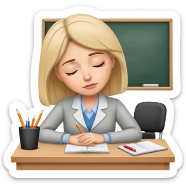 Tired woman teacher asleep at desk, classroom setting sticker