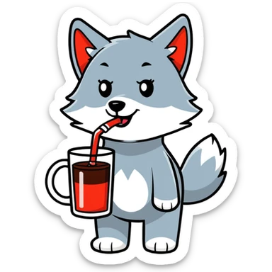 cute wolf drinking a cup of cola sticker