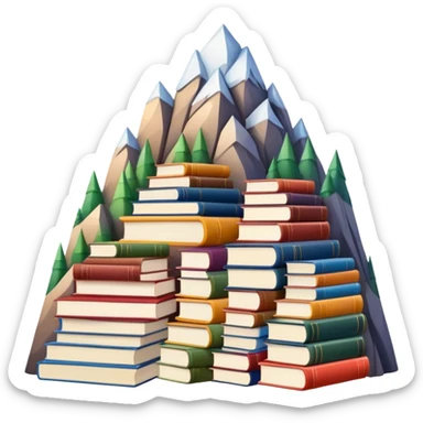 A tall mountain made of stacked books of different colors and sizes sticker