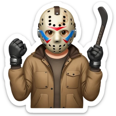 a cartoon image of Jason Voorhees, looking cute, with his hands clasped in front of him, at a sideways angle sticker