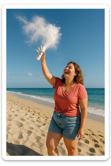 Donna in spiaggia che butta il borotalco italiano, la donna è intorno ai 66kg sticker