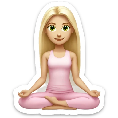 blonde long hair and green eyes yoga girl in light pink clothes sitting on a yoga mat sticker