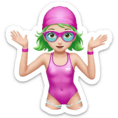 pretty girl with green eyes pink swim cap holographic swimming glasses and cute profesional swimmer pink swimsuit jumping in water sticker