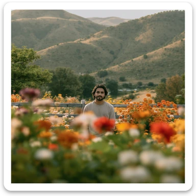 A portrait of a person in the foreground, blurred plants in the foreground, a wooden fence and colorfull flowers in the midground, rolling hills in the background, cinematic depth of field, layered composition, natural lighting sticker