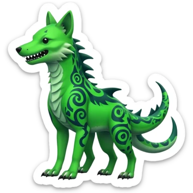 Edgy cool badass Neon-green landhai-sergal-dingo-hyena-wolf-raptor, with a shark tail, with black and dark-green swirly patterns markings sticker