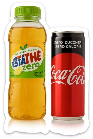 lattina di coca cola zero fluttua accanto a bottiglia di esta-thè zero, iperrealistiche 4k sticker