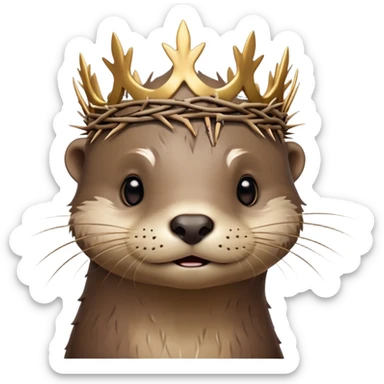 really cute confused otter face in three-quarter profile with simple thorny stem wrapped horizontally around its forehead like Jesus Christ's Crown of thorns, no crown shape on top, just thin spiky branches circling the forehead sticker