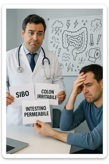 Scena clinica con un medico confuso in camice bianco davanti a un paziente seduto. Il medico ha tre fogli in mano, e li mostra uno alla volta con espressione incerta: il primo dice 'SIBO', il secondo 'Colon Irritabile', il terzo 'Intestino Permeabile'. Il paziente ha un’espressione confusa e scoraggiata, con una mano sulla fronte. Sullo sfondo una lavagna caotica con disegni di intestino e sintomi ovunque. Stile realistico con tocchi ironici, toni freddi da ambulatorio ma con un messaggio visivo forte di incertezza diagnostica. in italiano sticker