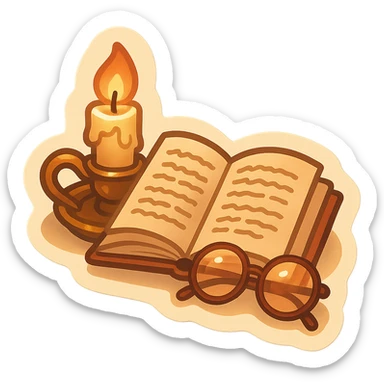 cozy artistic sticker of an open book with handwritten notes, vintage candle, and glasses, soft textured style inspired by dark academia and cottagecore, warm tones, muted colors, torn paper textures, subtle ink drawing details, thoughtful and literary sticker