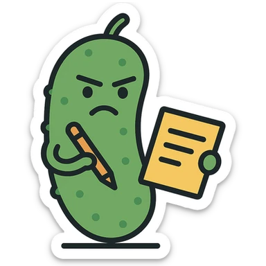 Make the pickle look suspicious while writing in a notepad, keeping the color outline icon style, with no background. sticker