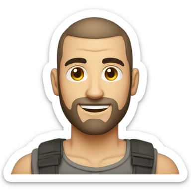 greek guy buzz cut hair computer programmer no glasses slight beard carries laptop sticker