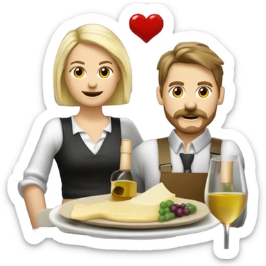 Repas raclette et deux verres de vin blanc en couple, femme blonde cheveux aux-dessus des épaules homme petite barbe et moustache grisonnantes et cheveux bruns grisonnant  sticker