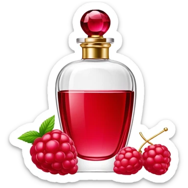 AVON women's perfume bottle next to a raspberry-shaped bottle sticker
