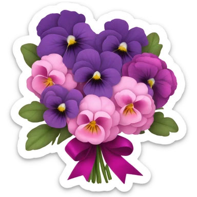 Bouquet composed of pink pansies, violet peonies tied with a dark pink ribbon and in the background purple butterflies sticker