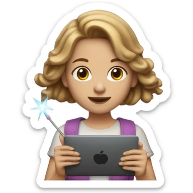 girl with light brown hair on a computer holding a magic wand sticker