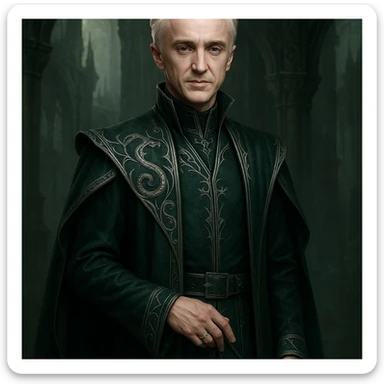 mature Draco Malfoy, 37 years old, Slytherin vibe, elegant robes, fantasy style sticker