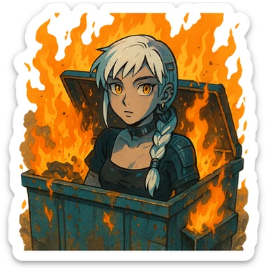 she is poking out from a garbage dumpster, fire, garbage fire, everything is on fire, a closeup portrait of young woman with gold yellow eyes, white hair, long braid, black off-shoulder top d-cup, punk gothic style, futuristic cyberwave cyberpunk, sticker