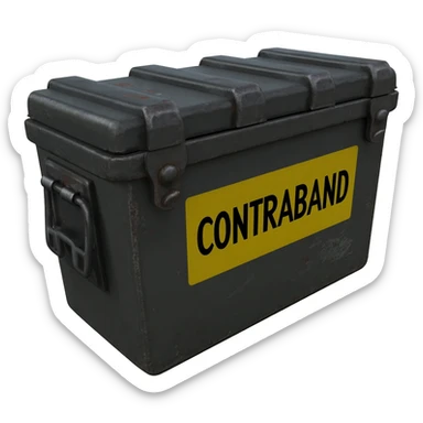 black military ammo box view from 35 degres with a yellow text on it "CONTRABAND" with apple/ios style sticker