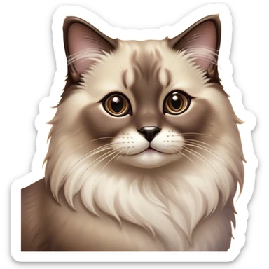 Cinematic Adorable Fluffy Brown Seal Ragdoll Cat Portrait Emoji, Head tilted elegantly with big, sparkling eyes, soft brown fur with darker seal points on the ears, face, and paws, Simplified yet regal features, highly detailed, glowing with a soft, warm glow, high shine, affectionate and playful, stylized with a touch of grace, bright and endearing, soft glowing outline, capturing the essence of a majestic and loving kitty, so elegant it feels like it could spring into motion with a regal leap! sticker