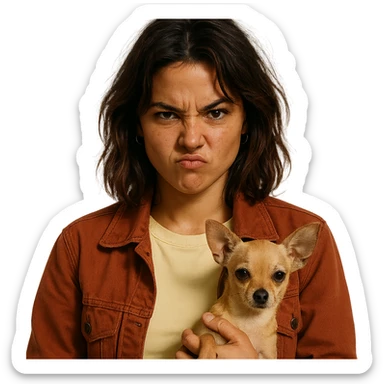 portrait of a woman with tanned skin, subtle freckles, wearing a pale yellow shirt (#FFF8CA) and rust-colored jacket, medium-length brown hair with auburn highlights, rebellious and playful expression, holding a beige-brown chihuahua, transparent background, Netflix series style sticker