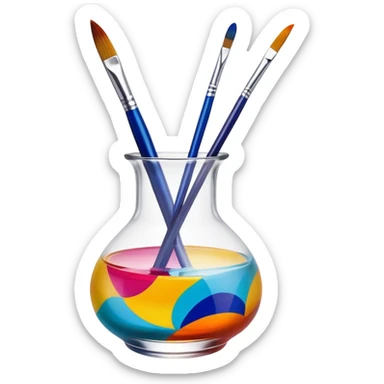 Glass painting icon, hand-painted colorful patterns on a glass surface, visible fine paintbrush and glass object like a vase or decorative plate, bright vibrant colors, no finished artwork, just the painting process, minimalistic style, clean lines, transparent background. sticker