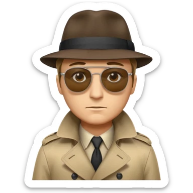 spy wearing sunglasses, a fedora and trench coat.  He is looking menacingly ahead.  sticker