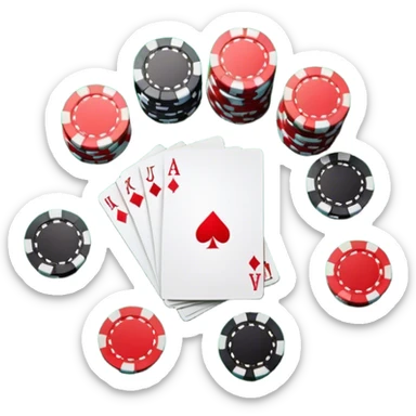 A photorealistic icon featuring playing cards and a stack of poker chips on a green felt table. Bright, detailed design with realistic textures and lighting. Transparent background, clearly symbolizing card games and strategy. sticker