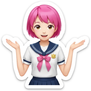 Anime girl with short bright pink hair wearing Japanese sailor style school uniform, composed posture with hand on hip but with excited smile and sparkling eyes, happy expression sticker