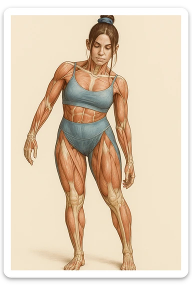 A realistic medical style illustration of a woman in sportswear with an asymmetric posture, showing visible muscles and bones, neutral background, vertical format. sticker