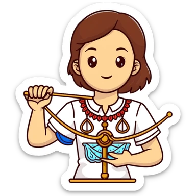 A Ukrainian girl with brown hair in an embroidered shirt holds the scales of truth in her hand sticker
