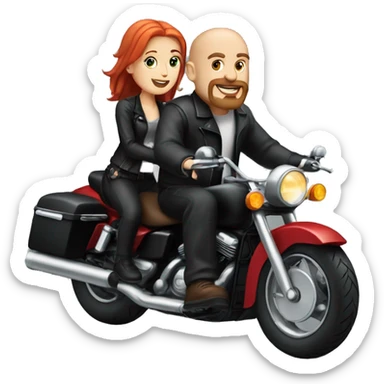 Bald headed white man with goatee and white girl with red hair riding on a black motorcycle  sticker