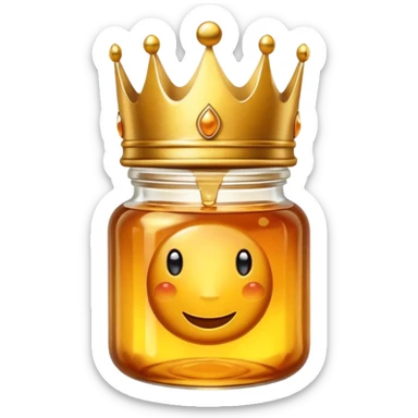Honey jar filled with golden thick liquid, on top of the jar a big crown sticker