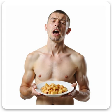 realistic man, thin physique and dull skin, sad expression, plate without healthy fats, caption in Italian: “Mancanza di grassi buoni: salute ed estetica a rischio”, isolated on white background sticker