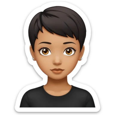 A girl with black short pixie haircut cut, dark brown eyes that almost look like black, caramel tone skin colour. Wearing a black t-shirt.  sticker