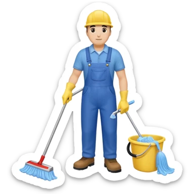 Custodian with yellow rubber gloves, blue overalls, mopping floor sticker