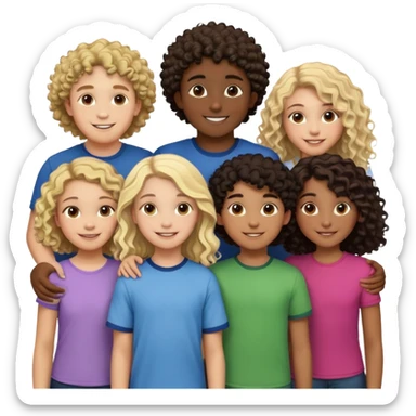 Group of diverse friends standing together, including a dark-skinned boy, a light-skinned blonde boy, a light-skinned girl with dark hair, a mixed-race girl with brown hair, a light-skinned person with curly hair, a mixed-race person with dark curly hair, and in the center a mixed-race person with wavy hair sticker
