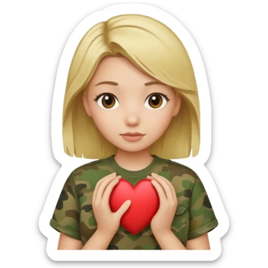 Blonde girl with olive shirt holding camo heart sticker