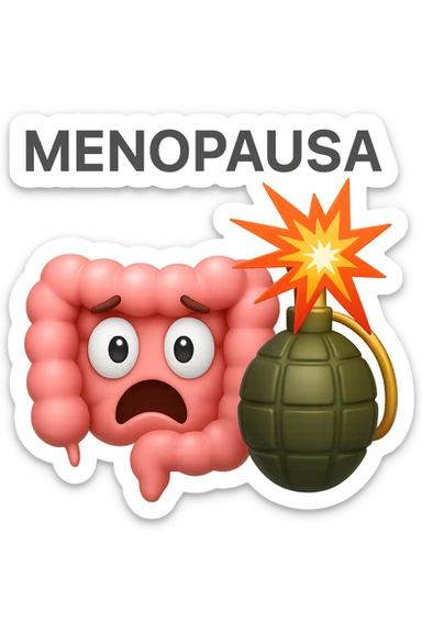 EMOJI STILE IPHONE 3D DI INTESTINO 3D CON ESPRESSIONE SPAVENTATA IN VOLTO MENTRE ACCANTO A LUI SCOPPIA UNA GRANATA 3D CON LA SCRITTA "MENOPAUSA" SOPRA, FAGLI ANCHE LA PARTE BIANCA DEGLI OCCHI, NON SOLO LA PUPILLA sticker