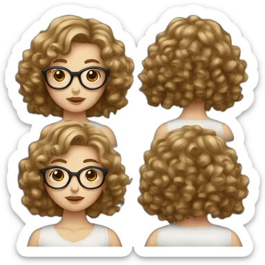 White girl with curtain fringe, curly and brown hair and glasses sticker