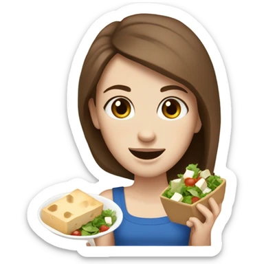White girl Brown hair blue eyes freackles eating Tofu salad sticker