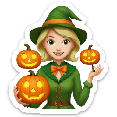 Woman Hunter With Jack o Lantern, wearing green costume, with bow sticker