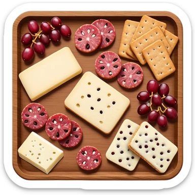 Charcuterie board. Multigrain crackers, white cheddar cheese, salami, and chocolate cranberries sticker