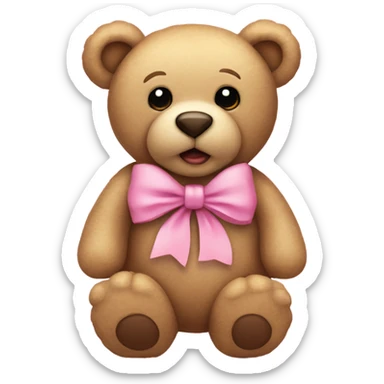 Beige teddy bear with innocent eyes wearing a pink bow on its right ear sticker