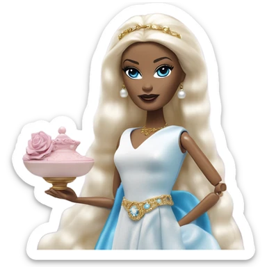 Malibu teen blond Morticia Addams’s in as Princess Leia Barbie in ruffled pearl-white and blue informal ball gown with gold accents and accessories  sticker