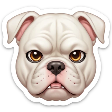 Cinematic Meme-Worthy Grumpy White American Bulldog Portrait Emoji, Head held high but eyes filled with dramatic disappointment, smooth white fur with a furrowed brow forming an unmistakable scowl, floppy ears slightly angled back in disapproval, piercing brown eyes glaring with pure exasperation, Simplified yet hilariously over-exaggerated features, highly detailed, glowing with an aura of supreme annoyance, high shine, exhausted yet judgmental, stylized with an almost regal pettiness, bright but brooding, soft glowing outline, capturing the essence of a pup that has seen it all and is thoroughly unimpressed, so meme-worthy it feels like it could instantly become the next viral sensation of grumpiness! sticker