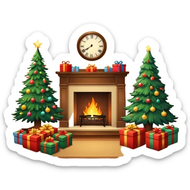 Flat illustration, livingroom with fireplace, christmas tree lit up and gifts under tree. Room is lit poorly but by the christmas tree lights, still life
 sticker