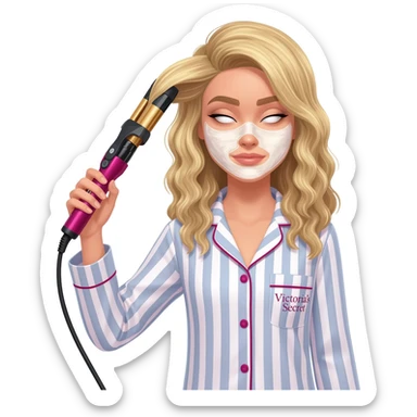 Draw a blonde girl wearing striped Victoria's Secret pajamas, styling her hair with a curling iron, and also apply a skincare mask. sticker