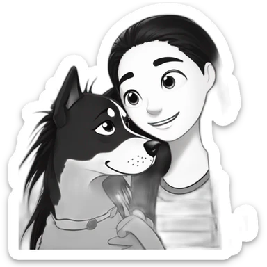a dog and a dark-haired girl with spiky hair looking at each other in style of ((sarah andersen)), black and white sticker