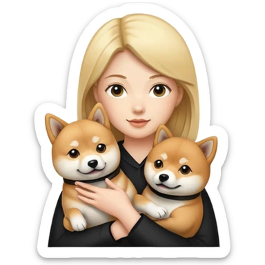 blonde woman holding a Shiba inu and a black shiba inu sticker