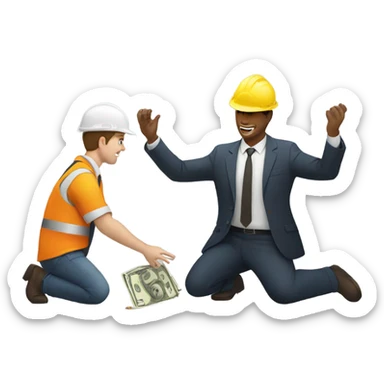 A guy in a suit receiving money from a guy on the ground, but the guy on the ground is a construction worker sticker